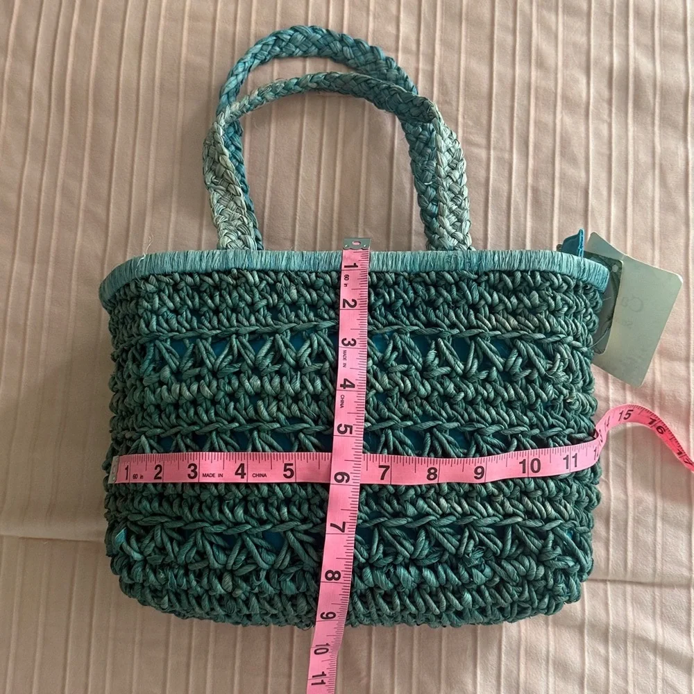 Cappella Straworld Boho Beach Bag Tote Zipper Closure Handwoven Teal Crochet